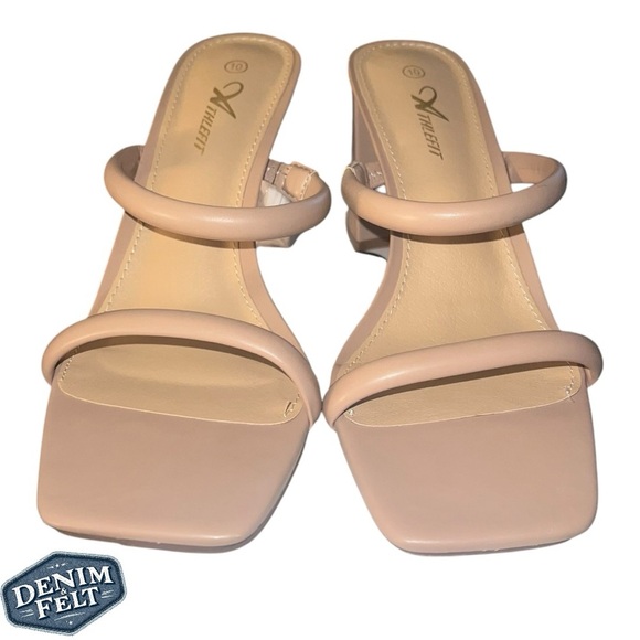 Athlefit Women’s Tan Square Open Toe Two Strap Chunky Heeled Slip On Sandal |NEW - Picture 5 of 13
